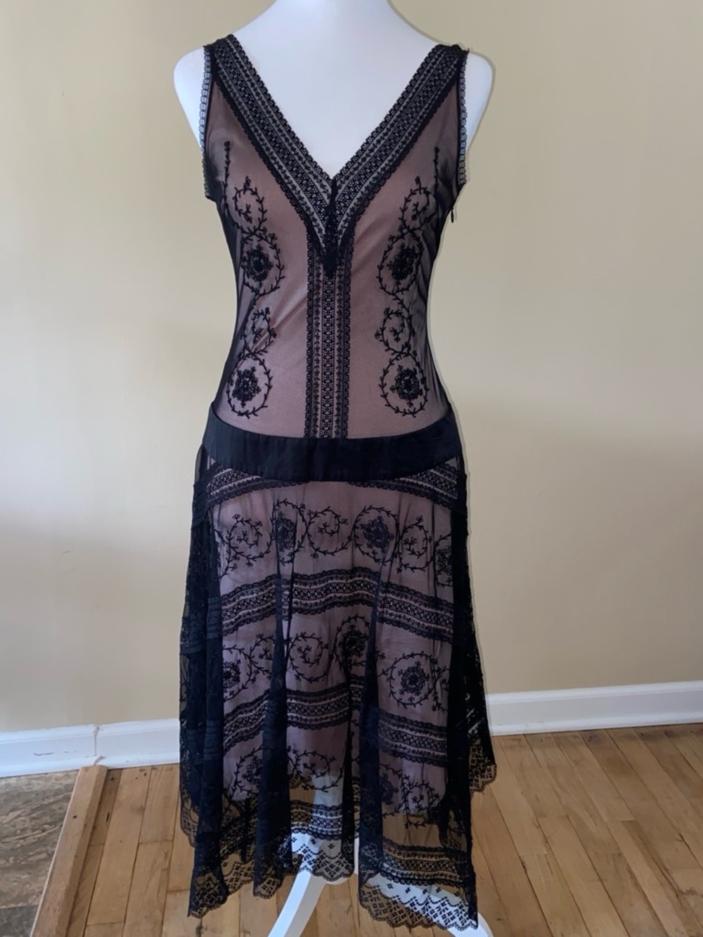 BCBGMaxAzria Black Lace Midi Dress with Sheer Overlay